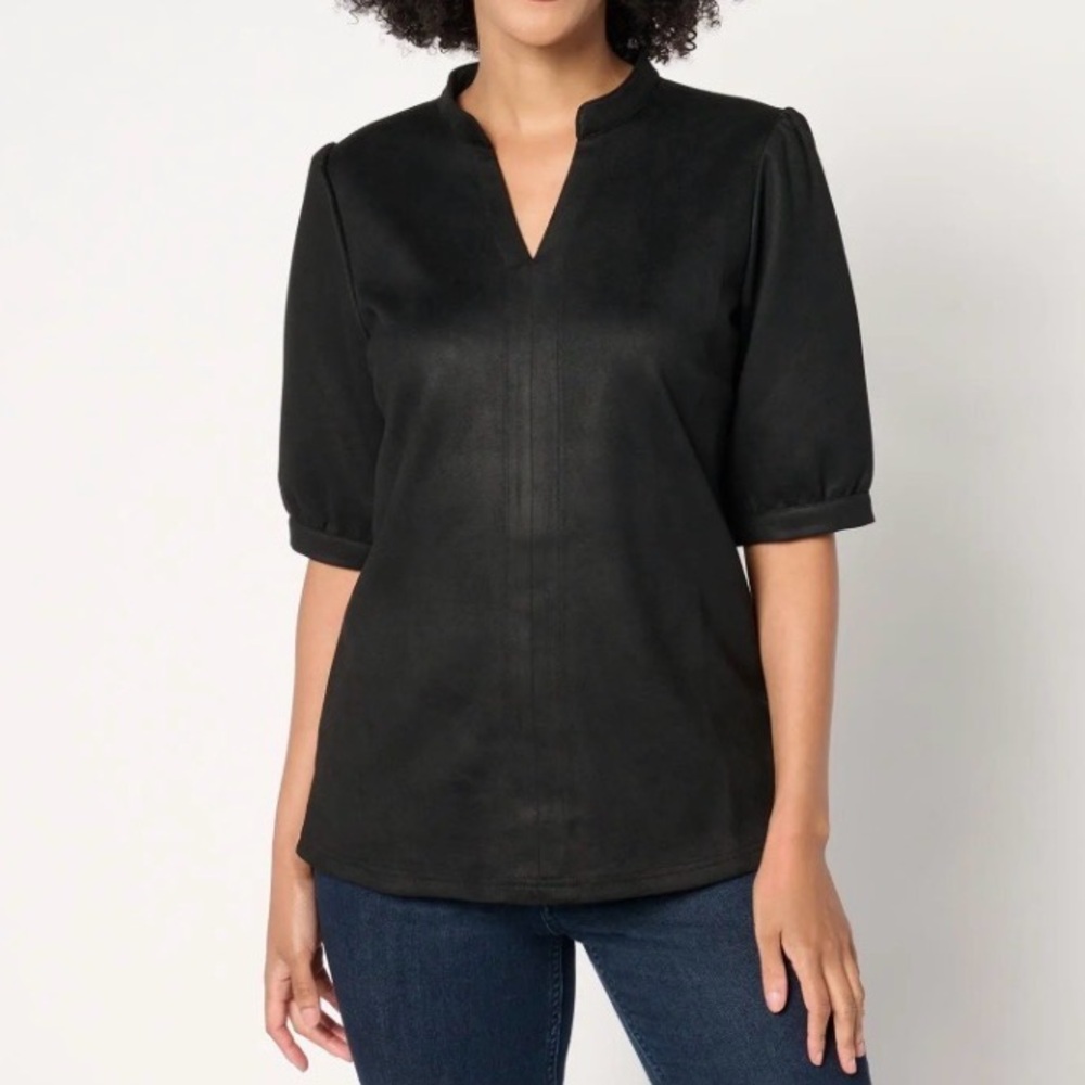 New Belle Boho by Kim Gravel Black Faux Suede Short Sleeve Top / 1X